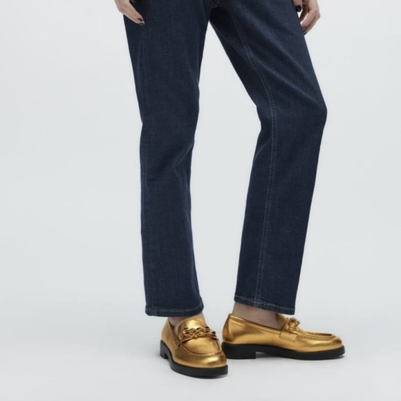 ZARA Leather Gold Loafers NWT Metallic Gold with Chain Accent Black Sole Size 36 - Picture 6 of 12